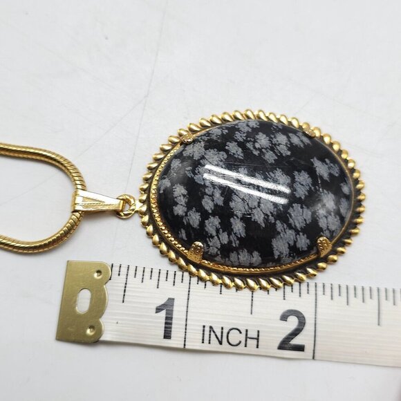 Gold Tone Snake Chain Necklace With Oval Snowflake Obsidian Pendant Vintage - Picture 5 of 5